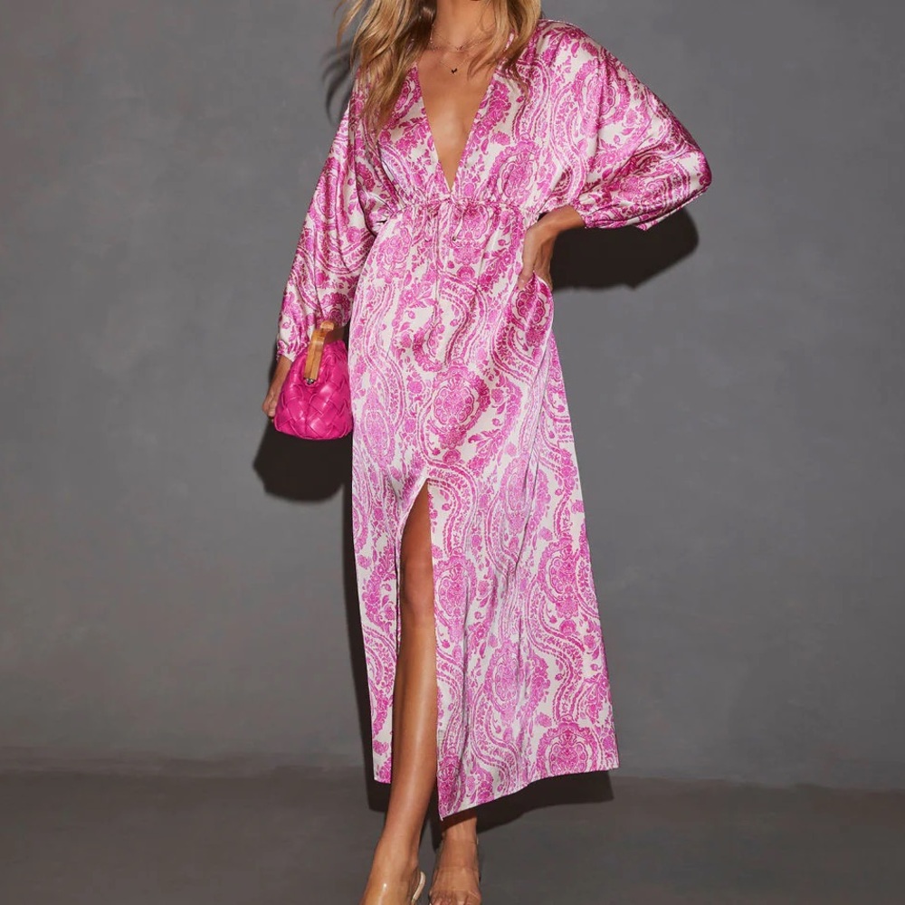 VICI Korina Satin Printed Kimono Empire Waist Maxi Dress